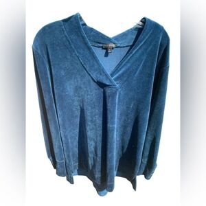 Talbots Teal Blue Velvet V Neck Long Sleeve Casual Pullover Top XL